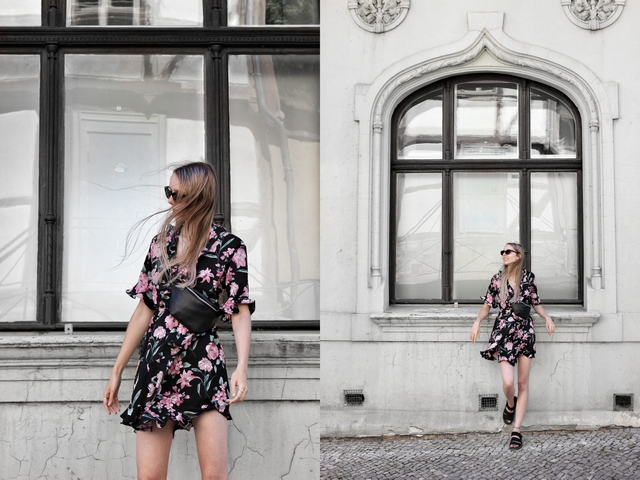 Outfit met zwarte My Jewellery wikkeljurk met roze bloemen polette cat eye zonnebril AliExpress buiktas bum bag chunky Dr. Martens sandalen mode blog