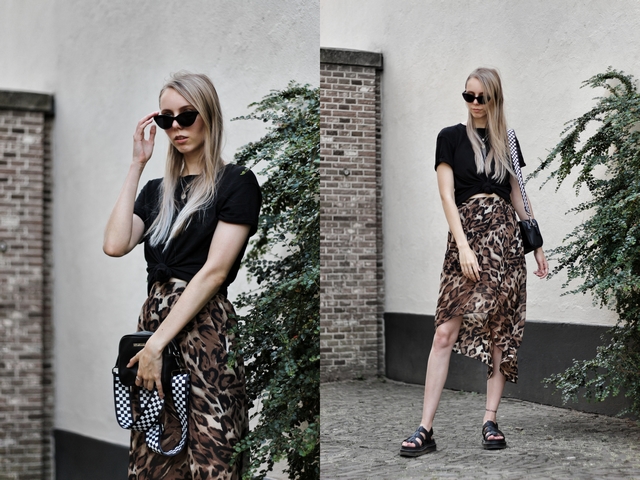 Outfit met primark panterprint rok en dr. martens platform sandalen polette zonnebril kathie black nederlandse mode blogger outfit post doesburg