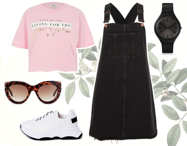 Want to wear outfit met zwarte spijkerjurk denim overgooier roze boyfriend shirt platform plateau sneakers river island