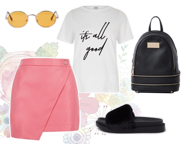 Want to wear outfit met roze leren broek rok van imitatieleer en wit t-shirt van Boohoo