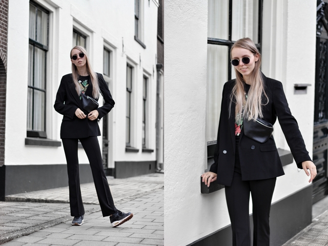 Outfit met zwart pak met Primark boyfriend blazer en My Jewellery pantalon dean Polette zonnebril nederlandse mode blogger