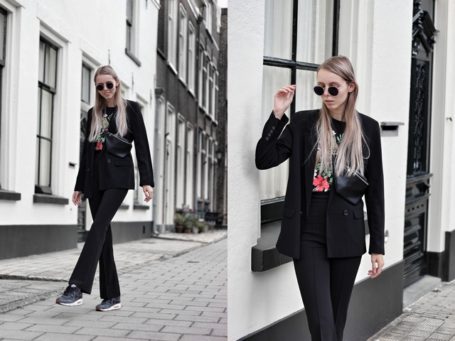 Outfit met zwart pak met Primark boyfriend blazer en My Jewellery pantalon dean Polette zonnebril nederlandse mode blogger