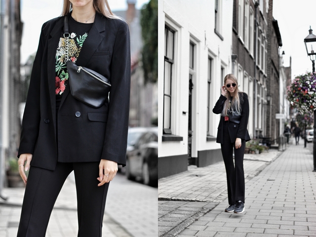 Outfit met zwart pak met Primark boyfriend blazer en My Jewellery pantalon dean Polette zonnebril nederlandse mode blogger