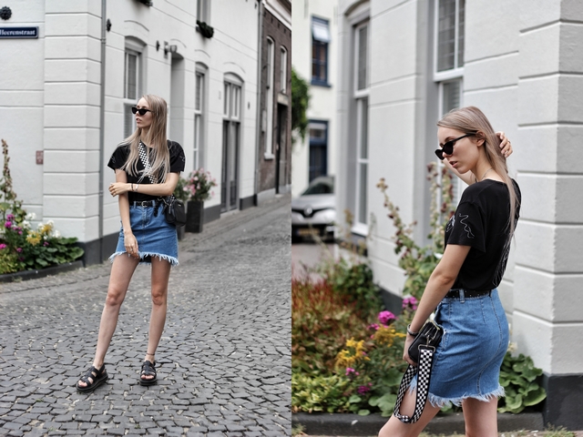 Outfit met zelf ontworpen t-shirt Digitransfer Asos spijkerrok kathie black polette zonnebril yelena dr martens sandalen nederlands mode blog