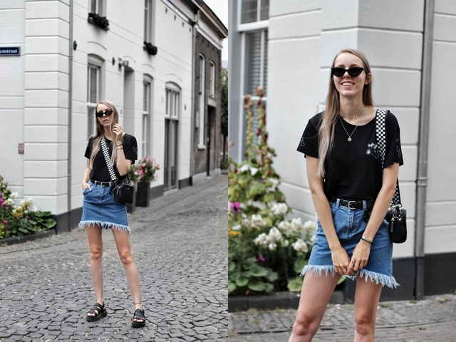 Outfit met zelf ontworpen t-shirt Digitransfer Asos spijkerrok kathie black polette zonnebril yelena dr martens sandalen nederlands mode blog