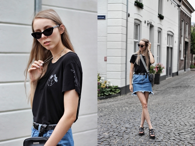 Outfit met zelf ontworpen t-shirt Digitransfer Asos spijkerrok kathie black polette zonnebril yelena dr martens sandalen nederlands mode blog