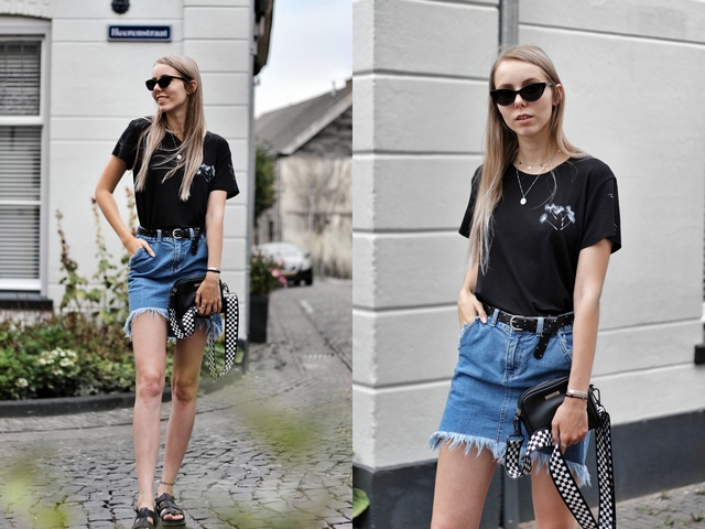 Outfit met zelf ontworpen t-shirt Digitransfer Asos spijkerrok kathie black polette zonnebril yelena dr martens sandalen nederlands mode blog