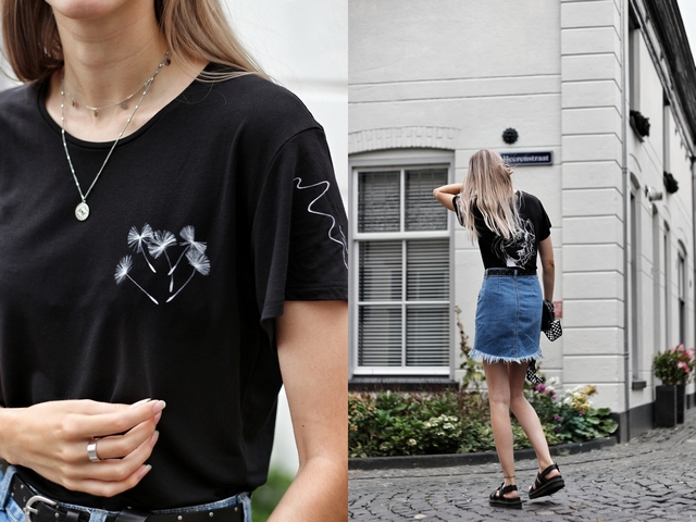 Outfit met zelf ontworpen t-shirt Digitransfer Asos spijkerrok kathie black polette zonnebril yelena dr martens sandalen nederlands mode blog