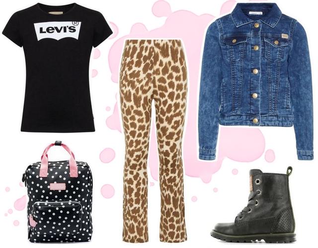 Meisjes outfit met panterprint legging en Levi's shirt name it mode inspiratie hippe modieuze kinderkleding merken