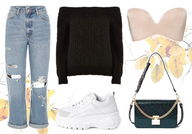 Want to wear: outfit met off shoulder trui en witte chunky sneakers River Island strapless wonderbra nude bh