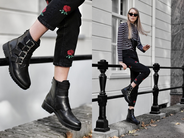 Outfit met Bullboxer biker boots gespen laarzen en Zara broek met roosjes polette kathie black zonnebril outfit mode blog