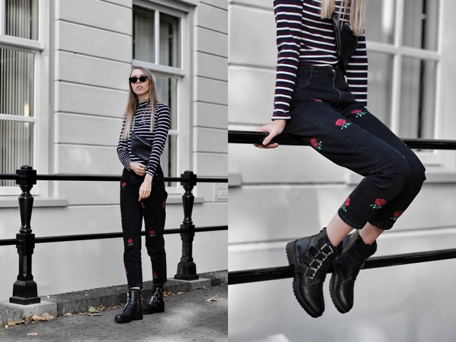 Outfit met Bullboxer biker boots gespen laarzen en Zara broek met roosjes polette kathie black zonnebril outfit mode blog