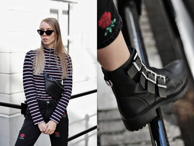 Outfit met Bullboxer biker boots gespen laarzen en Zara broek met roosjes polette kathie black zonnebril outfit mode blog