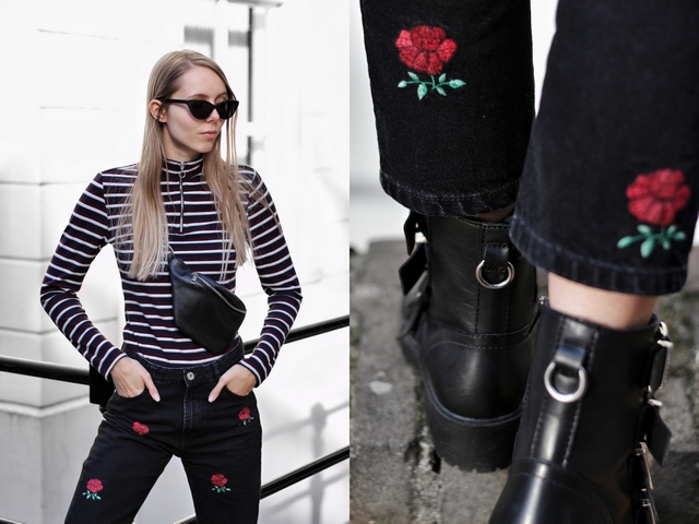 Outfit met Bullboxer biker boots gespen laarzen en Zara broek met roosjes polette kathie black zonnebril outfit mode blog