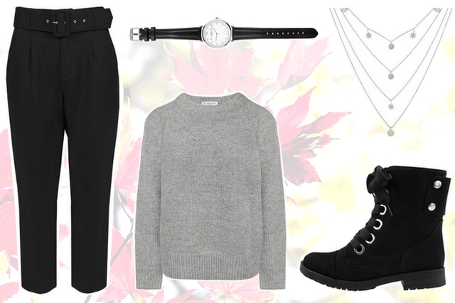 Herfst outfit inspiratie met zwarte pantalon en veterlaarzen My Jewellery grijze gebreide trui mode blogger 