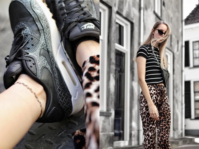 Outfit met Invito leopard broek Primark gestreepte crop top Aliexpress crossbody buiktas Nike Air Max 90 sneakers mode blog