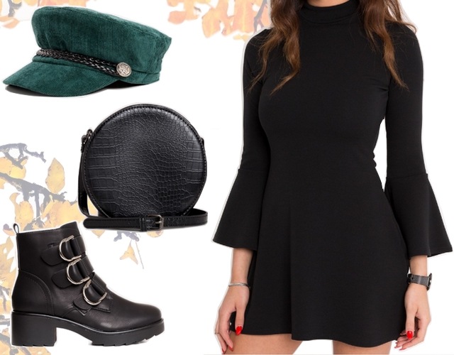 Want to wear herfst outfit inspiratie met bell sleeve dress bikerboots en ronde tas imitatieleer