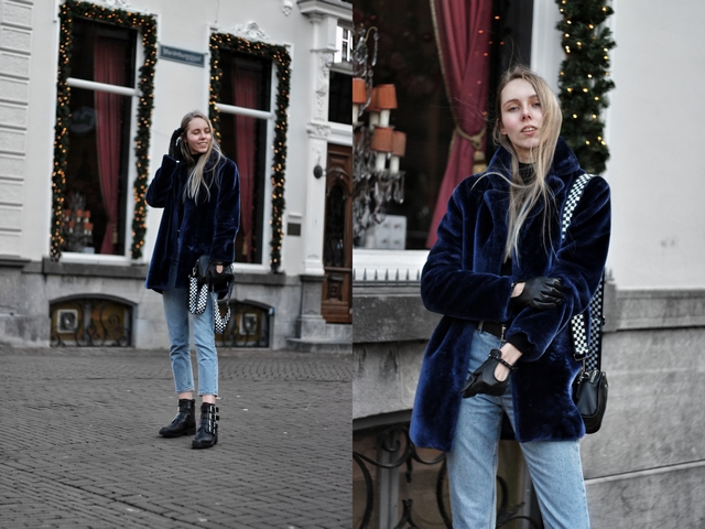 Outfit met leren touchscreen handschoenen van Napogloves en blauwe Zaful faux fur jas bontjas kimomo Monki jeans bullboxer biker boots blogger streetstyle Arnhem