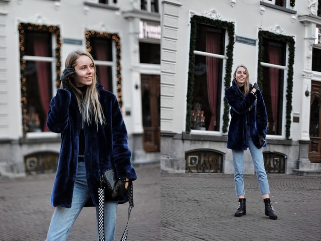 Outfit met leren touchscreen handschoenen van Napogloves en blauwe Zaful faux fur jas bontjas kimomo Monki jeans bullboxer biker boots blogger streetstyle Arnhem