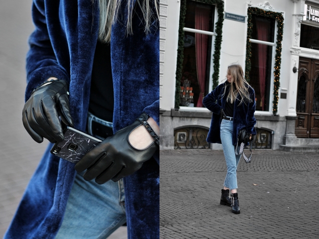 Outfit met leren touchscreen handschoenen van Napogloves en blauwe Zaful faux fur jas bontjas kimomo Monki jeans bullboxer biker boots blogger streetstyle Arnhem