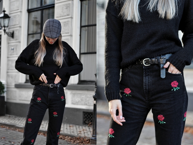 Outfit met geruite Action flat cap zwarte gebreide nakd coltrui roosjes rose jeans zara bruine Dr Martens Shoeby riem met studs