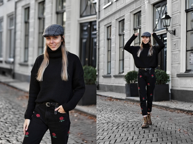 Outfit met geruite Action flat cap zwarte gebreide nakd coltrui roosjes rose jeans zara bruine Dr Martens Shoeby riem met studs