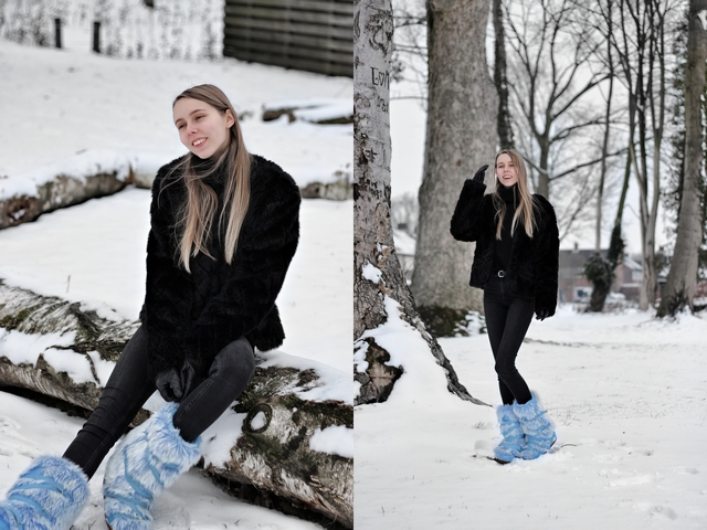 Outfit met blauwe fluffy sneeuwlaarzen snowboots met imitatiebont zwarte winter outfit mode blogger sneeuw inspiratie