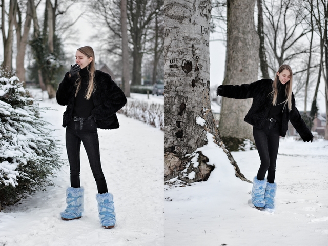 Outfit met blauwe fluffy sneeuwlaarzen snowboots met imitatiebont zwarte winter outfit mode blogger sneeuw inspiratie