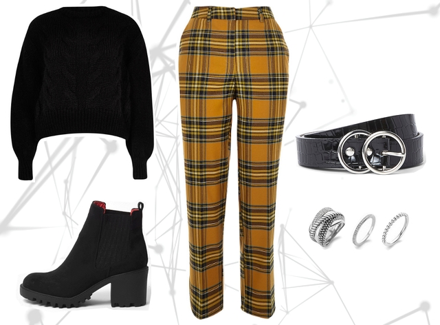 Want to wear blogger outfit inspiratie met gele geruite clueless pantalon broek en zwarte gebreide trui en enkellaarzen met stevige zool