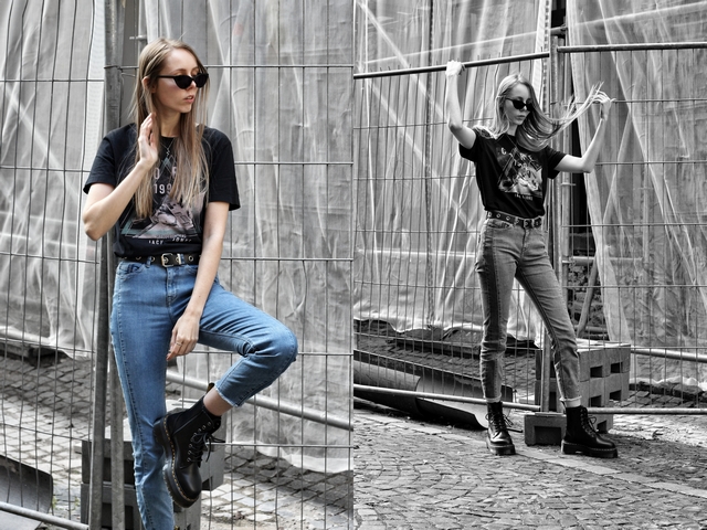 Blogger outfit met zwarte Jadon Dr. Martens laarzen van Footway en tweekleurige Didi spijkerbroek en zwarte oversized botfriend t-shirt street style