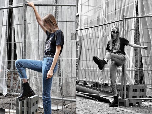 Blogger outfit met zwarte Jadon Dr. Martens laarzen van Footway en tweekleurige Didi spijkerbroek en zwarte oversized botfriend t-shirt street style