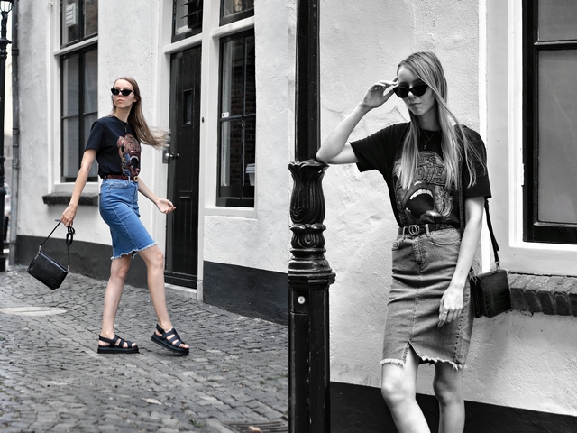 Outfit met strakke spijkerrok kokerrok Noisy May Sans Online chunky Dr. Martens Yelena sandalen Object tas crossbody bag zomer outfit blogger doesburg