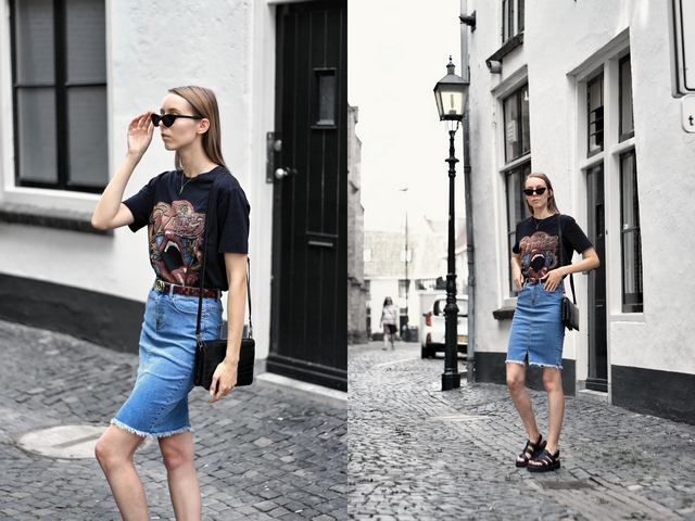 Outfit met strakke spijkerrok kokerrok Noisy May Sans Online chunky Dr. Martens Yelena sandalen Object tas crossbody bag zomer outfit blogger doesburg