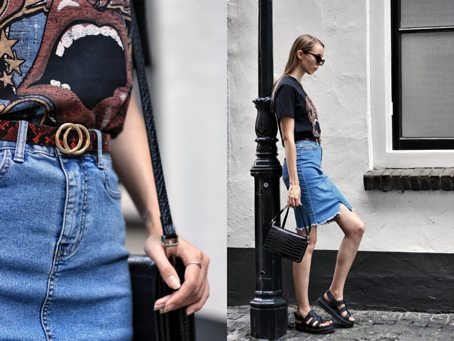 Outfit met strakke spijkerrok kokerrok Noisy May Sans Online chunky Dr. Martens Yelena sandalen Object tas crossbody bag zomer outfit blogger doesburg