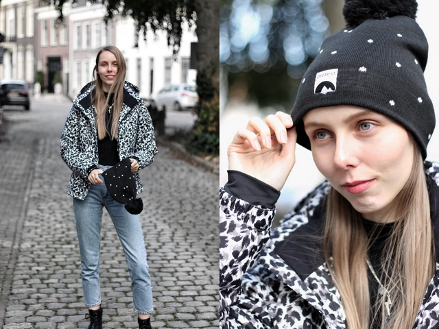 Outfit met Dante panterprint ski jas van Protest Sportswear wintersport kleding leopard luipaard winterjas mode blogger 