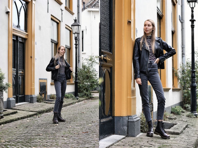 Herfst outfit 1460 vintage red Dr. Martens boots Omoda mode blogger zwart leren jasje bikerjack zwarte spijkerbroek mom jeans maalderink media fotografie