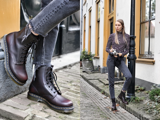 Herfst outfit 1460 vintage red Dr. Martens boots Omoda mode blogger zwart leren jasje bikerjack zwarte spijkerbroek mom jeans maalderink media fotografie