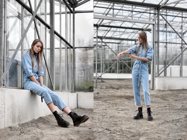 Outfit met NAKD denim jumpsuit spijkerpak coltrui en Jadon plateau boots van Dr. Martens Nederlandse mode blogger