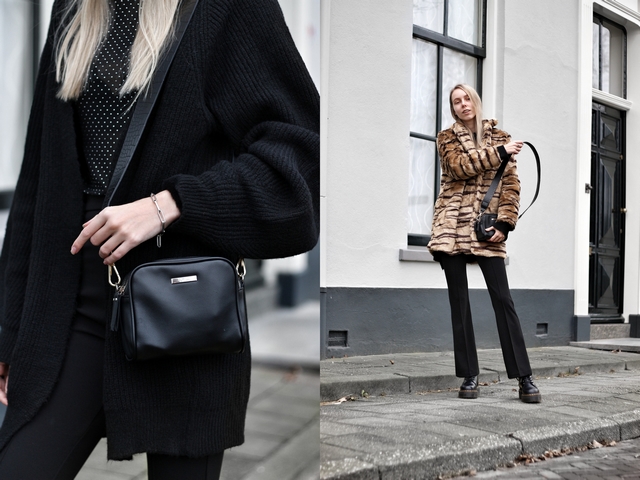 Outfit met tijgerprint jas van imitatiebont zwarte outfit en schakel armband My Jewellery Jadon Dr Martens boots doorschijnende mesh top mode blogger