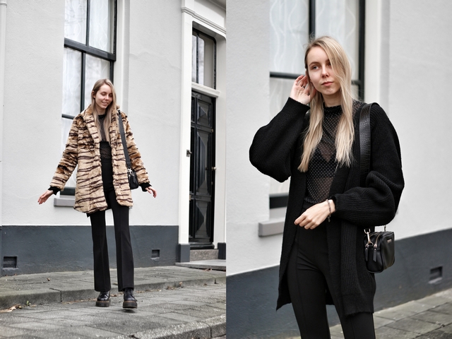 Outfit met tijgerprint jas van imitatiebont zwarte outfit en schakel armband My Jewellery Jadon Dr Martens boots doorschijnende mesh top mode blogger