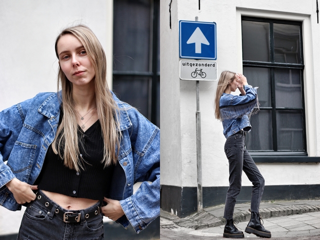 Outfit met fringe denim jacket en crop top vestje van Lily Lulu Fashion review blog outfit post spijkerjas franjes cowgirl dr martens jadon platform nederlandse mode blogger