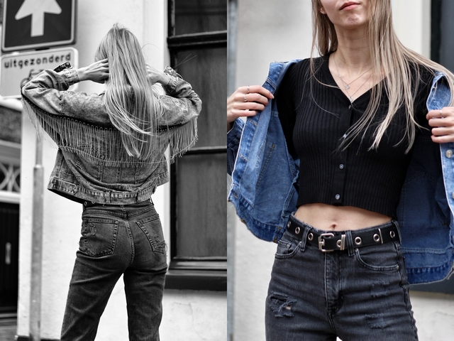 Outfit met fringe denim jacket en crop top vestje van Lily Lulu Fashion review blog outfit post spijkerjas franjes cowgirl dr martens jadon platform nederlandse mode blogger