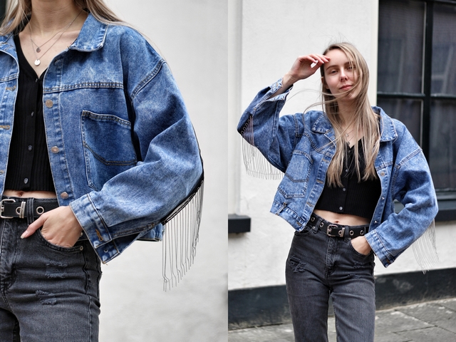 Outfit met fringe denim jacket en crop top vestje van Lily Lulu Fashion review blog outfit post spijkerjas franjes cowgirl dr martens jadon platform nederlandse mode blogger