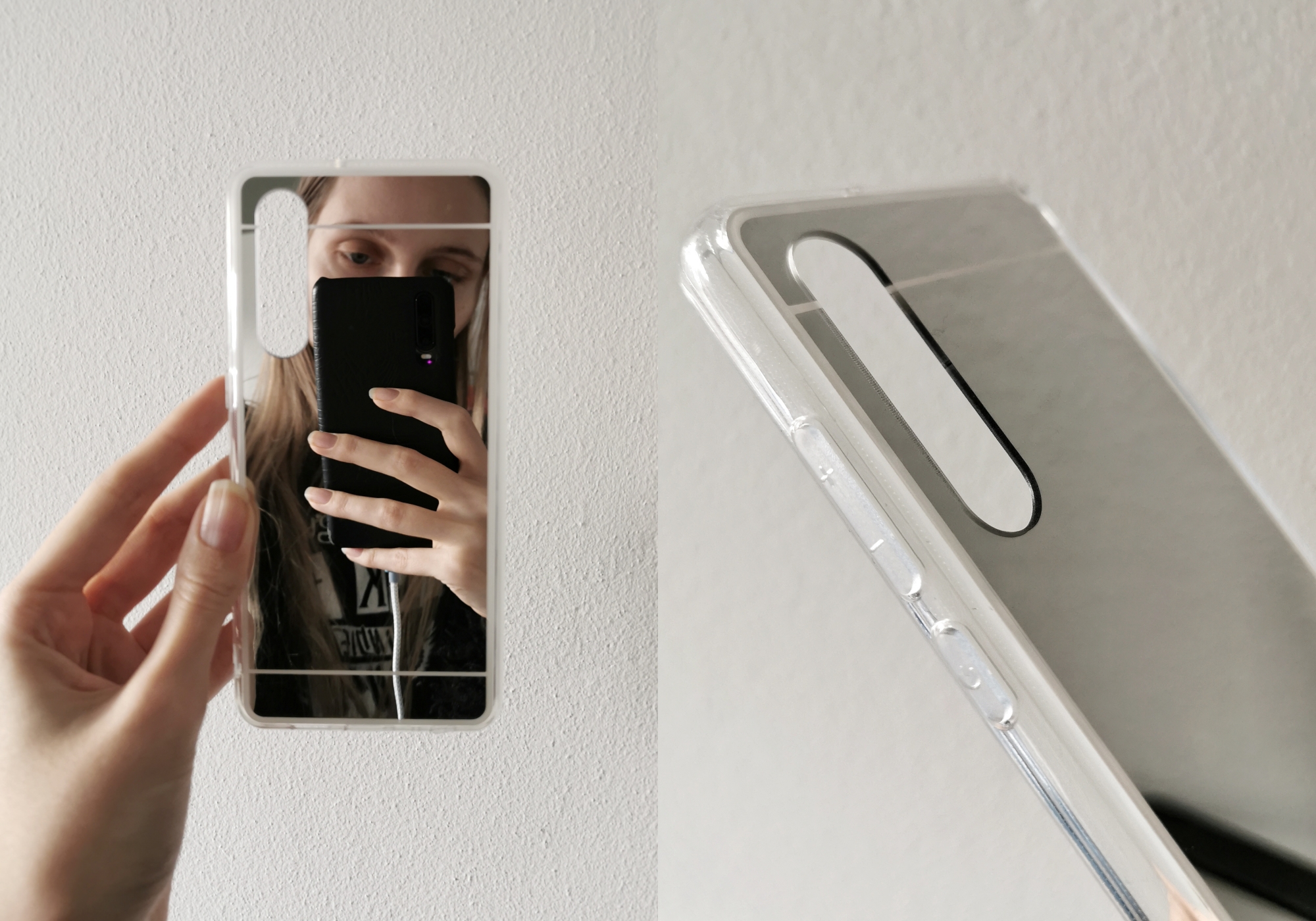 Hoesjes Outfit telefoonhoesje Huawei P30 softcase zwart marmer hoesje zilver spiegel effect doorzichtig met zilveren rand review trendy hoesjes