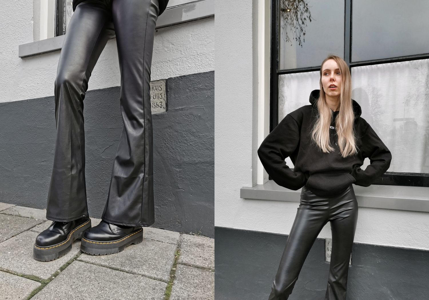 Make people stare leren broek leer leather flared pants come get fashion zwarte outfit mode blogger oversized hoodie trui careless wolf