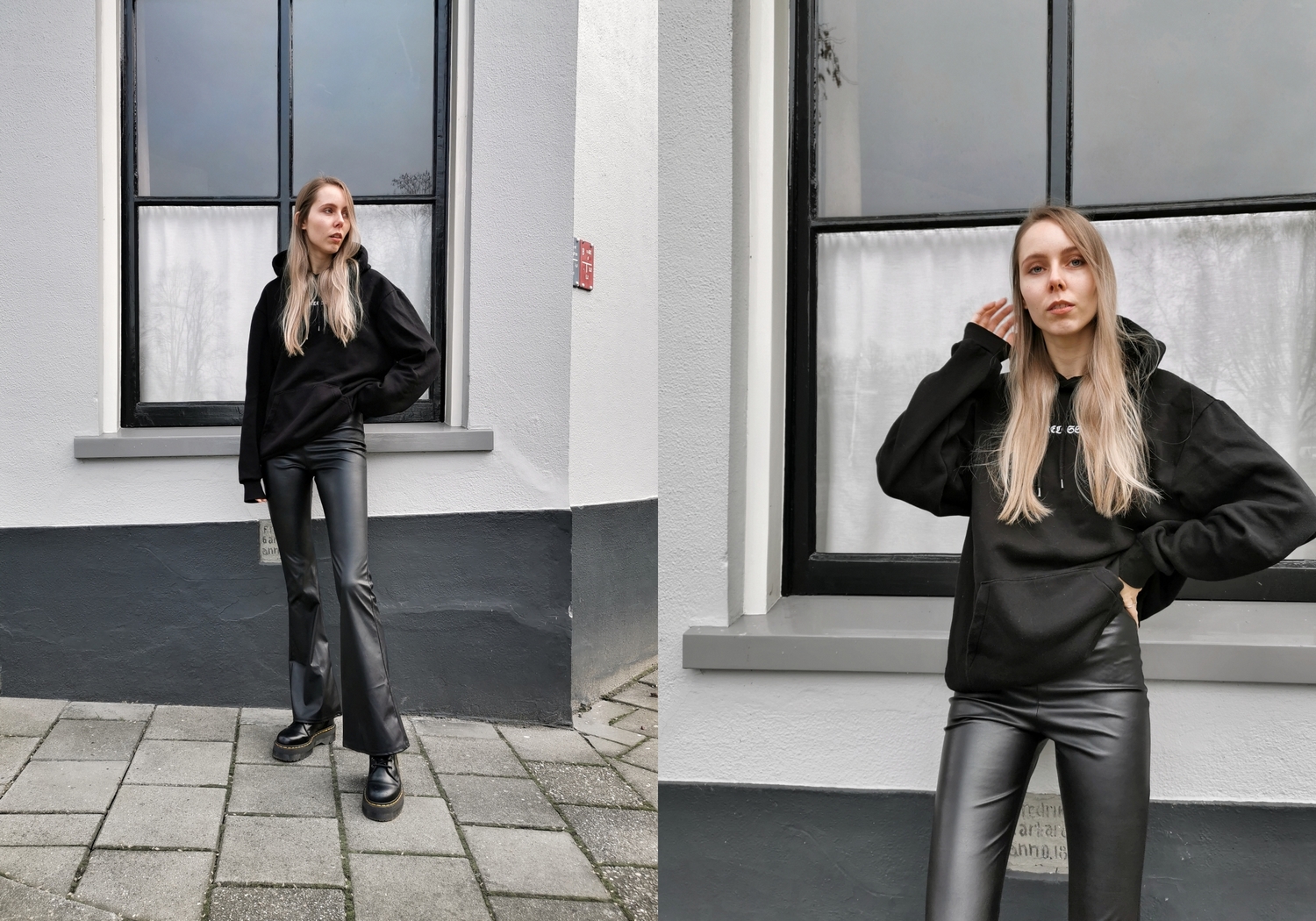 Make people stare leren broek leer leather flared pants come get fashion zwarte outfit mode blogger oversized hoodie trui careless wolf