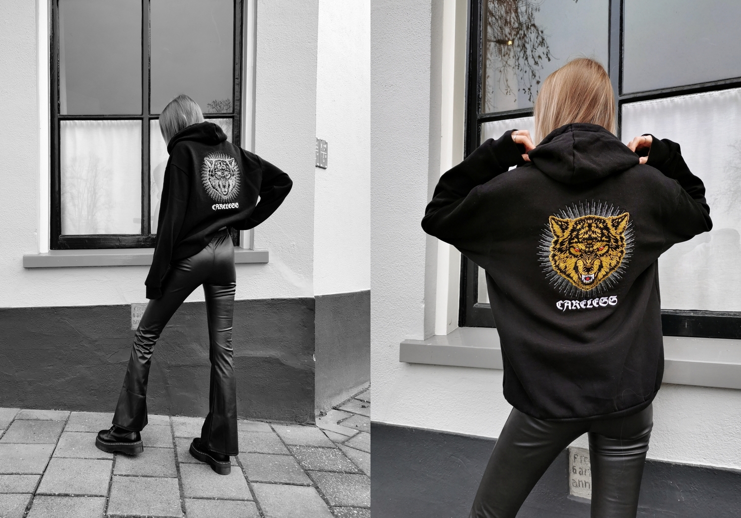 Make people stare leren broek leer leather flared pants come get fashion zwarte outfit mode blogger oversized hoodie trui careless wolf