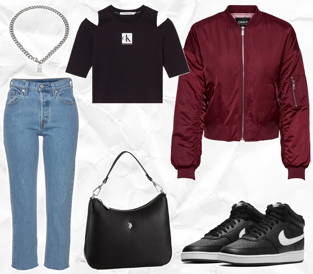 Make people stare lente outfit inspiratie bordeaux rood bomberjack bomberjas OTTO halfhoge sneakers trend 2021 levis spijkerbroek 501 crop nederlandse mode blogger