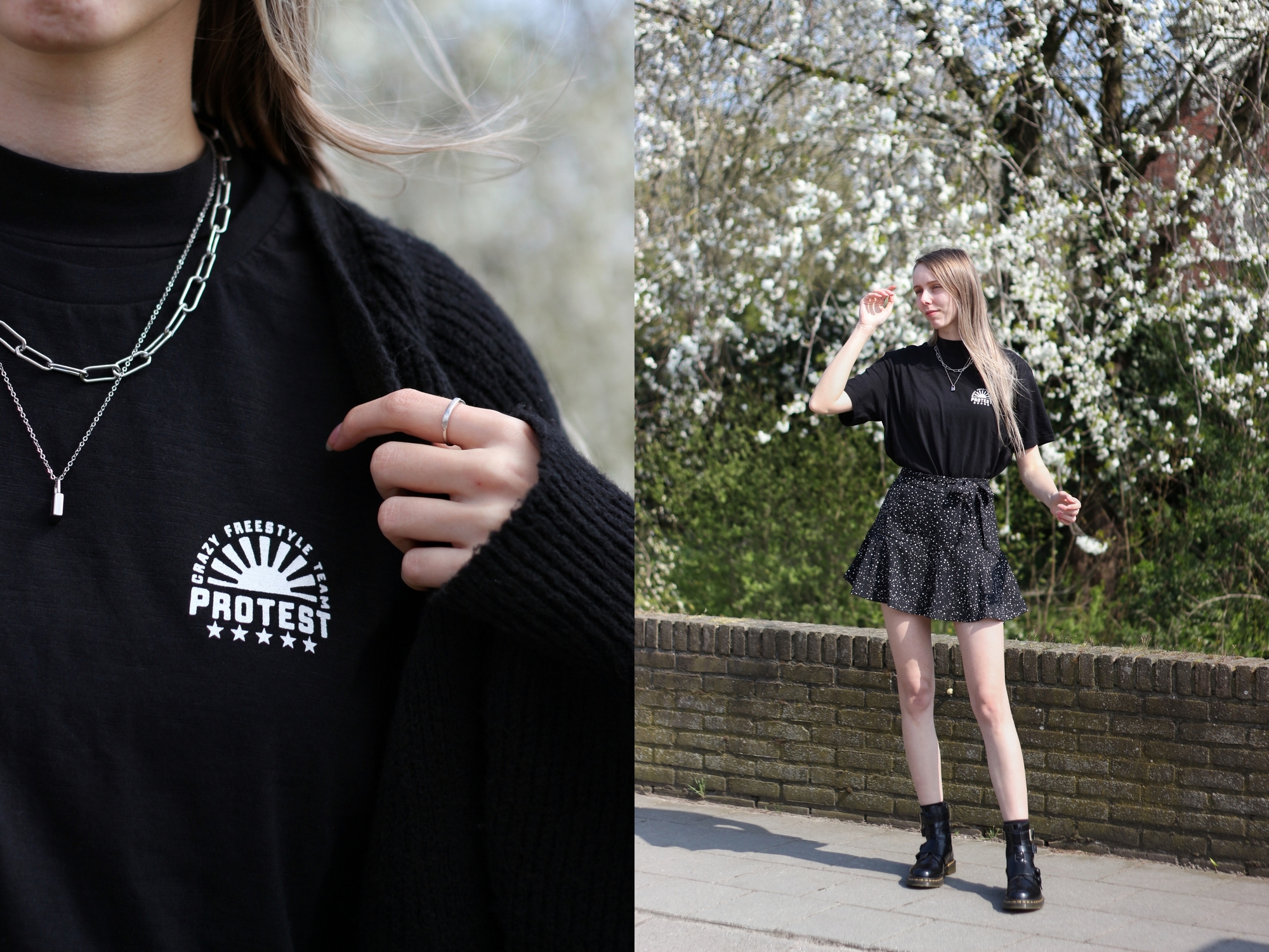 Nederlandse mode blogger zwarte outfit zomer Protest sportswear streetwear broekrokje skort shirt met print op rug Dr Martens Blake II bloesem fotoshoot