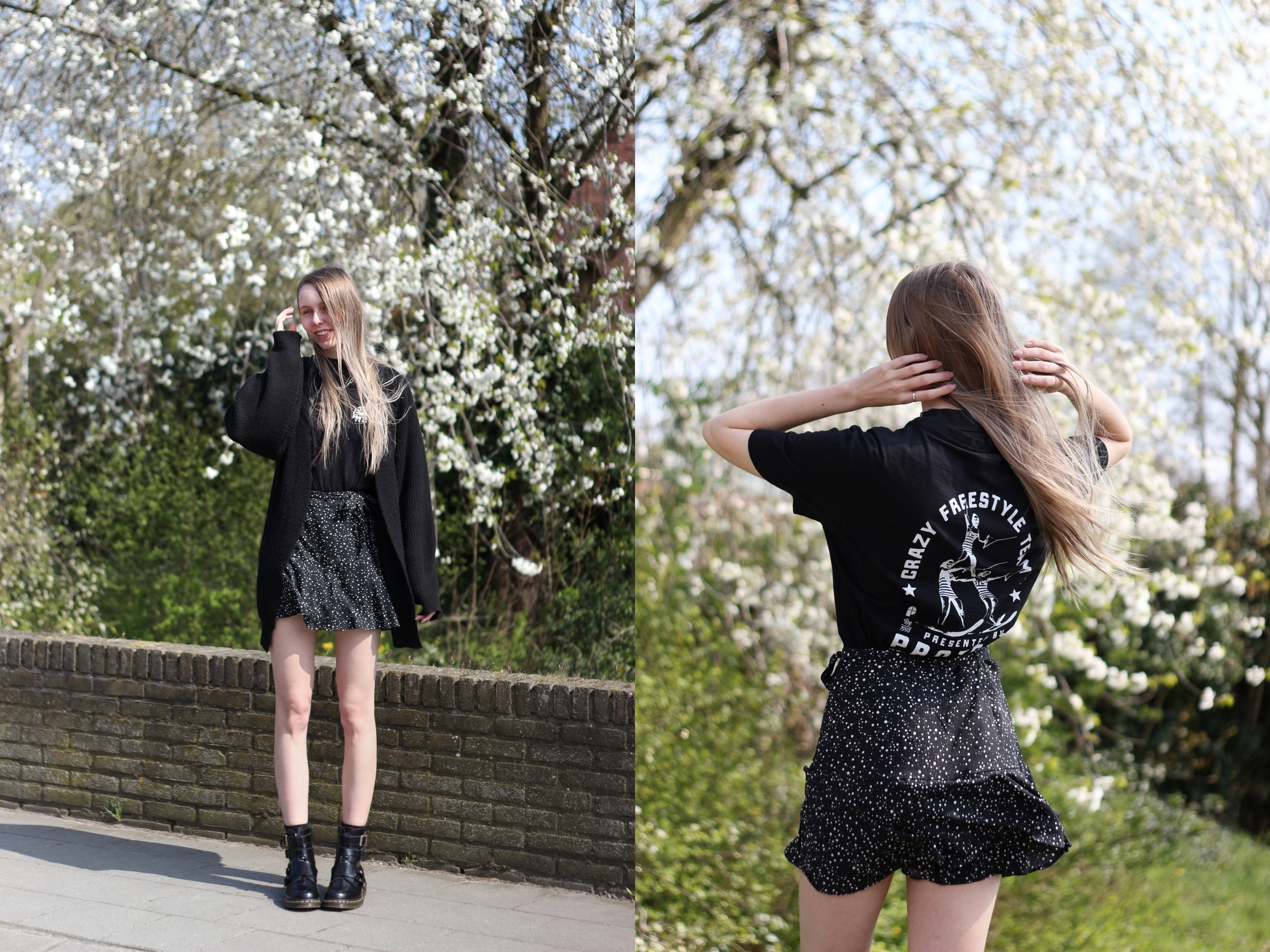 Nederlandse mode blogger zwarte outfit zomer Protest sportswear streetwear broekrokje skort shirt met print op rug Dr Martens Blake II bloesem fotoshoot